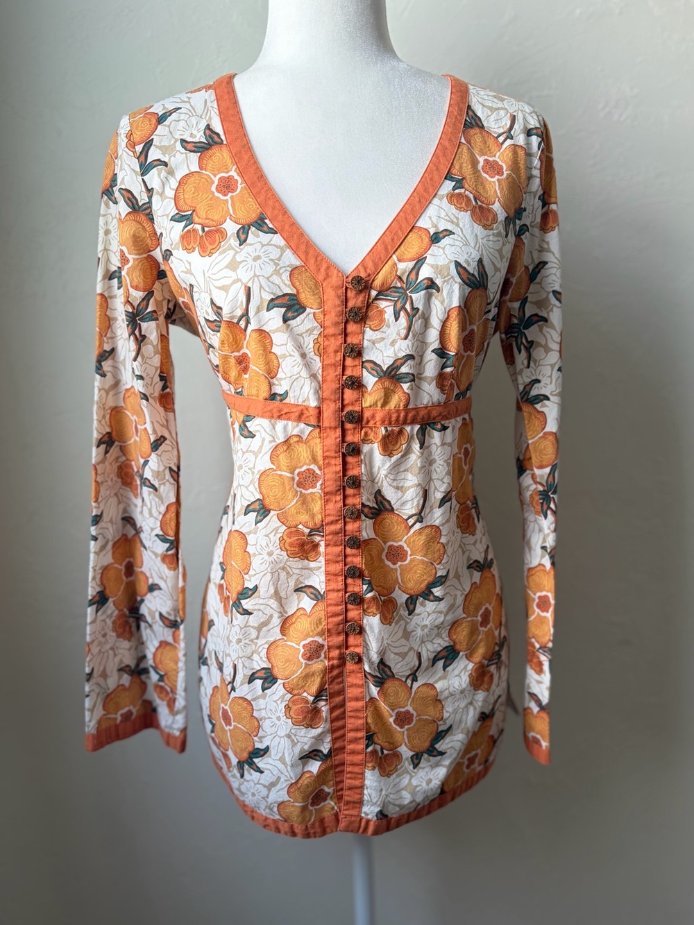 Liz & Co Orange Floral Bell Sleeve Cotton Boho Top Medium